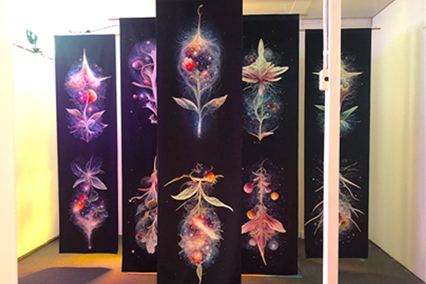An installation image of textile art by Kate Geck called Stardust. There is a series of large velevt panels with images of strange cosmic plants generated by machine learning models. There is a yoga mat on the floor behind the panels and a QR code plays a guided meditation made by generative AI models. This was exhibited at Haus of Vovo Gallery in 2023 in Tasmania, Australia.