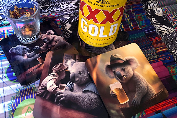 Image of machine generated koalas looking drunk by artist Kate Geck exhibited as part of Melbourne Fashion Festival in 2023 for the exhibiton Fashtray.