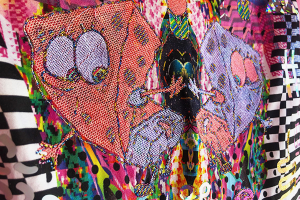 A detailed image of spongebob squarepants embroidered in vibrant and atypical colours by artist Kate Geck as part of the whateva foreva art textiles collection exhibited at Haus of Vovo in 2023.