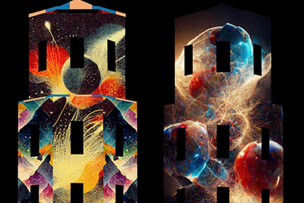 Images of projection mapped video art by Kate Geck that was commissioned by White Night in 2022. Colourful projections were mapped onto the Bendigo Bank facade featuring machine learning generated images depicting the universe from the infintessimal to the infinite.